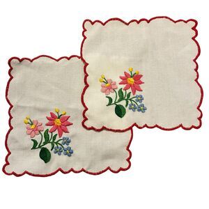 2 Vintage Embroidered Cocktail Napkins Floral Colorful Dainty Scalloped Red Trim